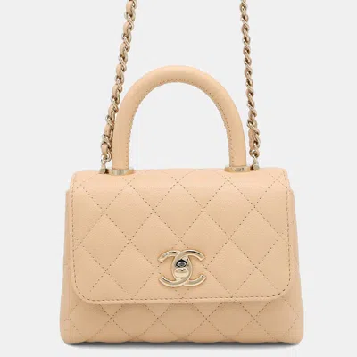 Pre-owned Chanel Matelasse Coco Handle 2way Handbag Beige Caviar Leather Size Mini Mini In Sand