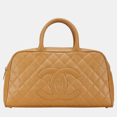 Pre-owned Chanel Matelasse Coco Mark Bowling Bag Handbag Beige Caviar Skin