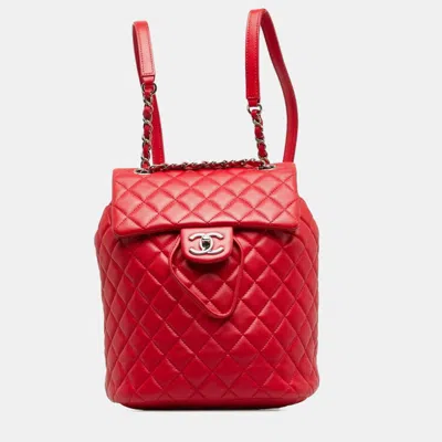 Pre-owned Chanel Matelasse Coco Mark Chain Backpack Red Lambskin
