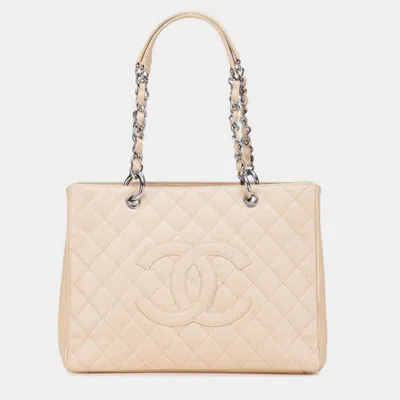 Pre-owned Chanel Matelasse Coco Mark Chain Tote Bag In Beige Caviar Leather In Sand