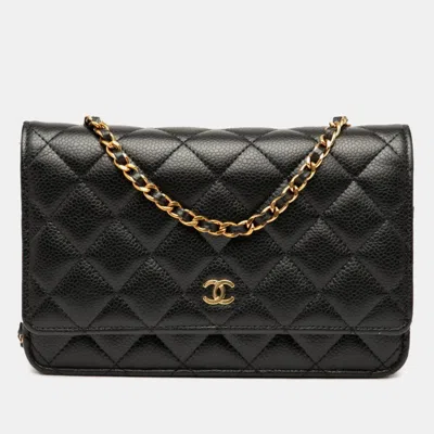 Pre-owned Chanel Matelasse Coco Mark Chain Wallet Shoulder Bag In Black Caviar Skin