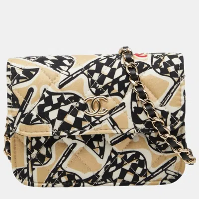 Pre-owned Chanel Matelasse Coco Mark Checkered Flag Motif Mini Chain Shoulder Bag Crossbody Beige Black Cotton Leathe In Sand