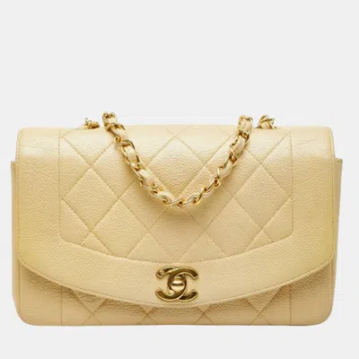 Pre-owned Chanel Matelasse Coco Mark Diana Crossbody Chain Shoulder Bag In Beige Caviar Skin In White