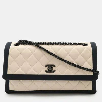 Pre-owned Chanel Matelasse Coco Mark Double Chain Shoulder Bag Flap Bicolor Lambskin Light Pink Beige Black In Sand