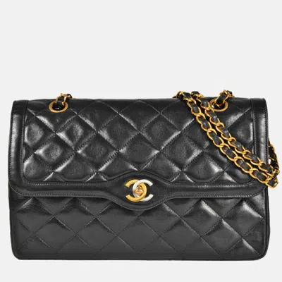 Pre-owned Chanel Matelasse Coco Mark Double Flap Black Lambskin Chain Shoulder Bag