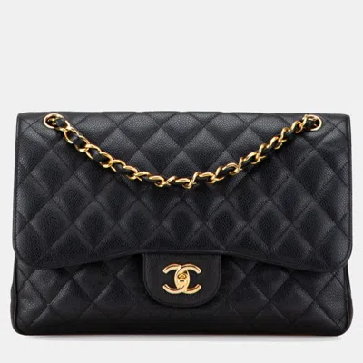 Pre-owned Chanel Matelasse Coco Mark Double Flap Chain Shoulder Bag Black Caviar Skin