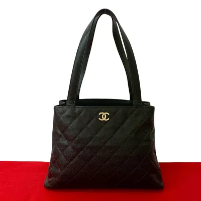 Pre-owned Chanel Matelassé Coco Mark Matte Caviar Skin Tote Bag In Black