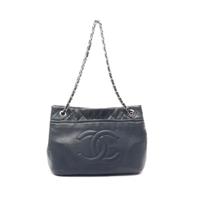 Pre-owned Chanel Matelasse Coco Mark Tote Bag Navy Leather In Blue