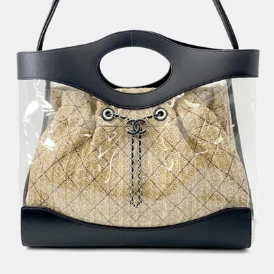 Pre-owned Chanel Matelasse Coco Mark Vinyl Raffia Tote Bag Black In Sand