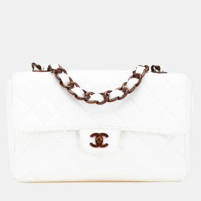 Pre-owned Chanel Matelasse Coco Mark Wood Chain Shoulder Bag In White And Brown Caviar Skin