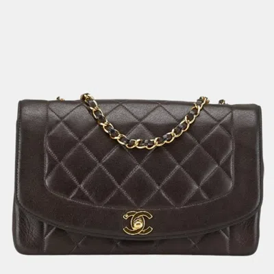 Pre-owned Chanel Matelasse Diana 25 Coco Mark Crossbody Chain Shoulder Bag Black Brown Lambskin