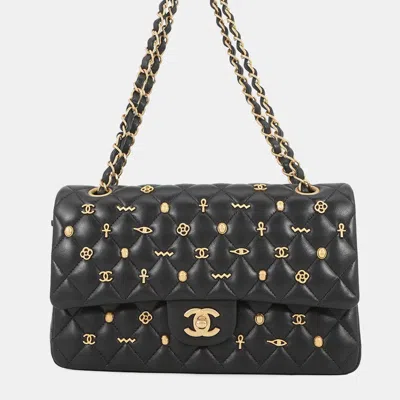 Pre-owned Chanel Matelasse Double Flap Egyptian Bag Charm Chain Shoulder Bag Black Lambskin Size 25