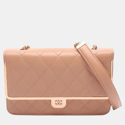 Pre-owned Chanel Matelasse Frame Pink Lambskin Leather Wallet On Chain