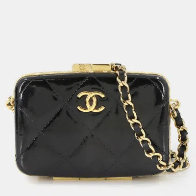 Pre-owned Chanel Matelasse Framed Box Mini Black Patent Leather Card Case Bag