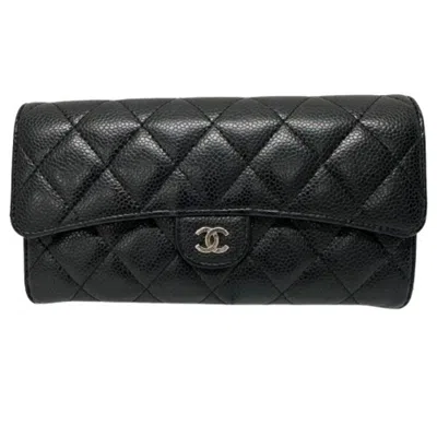 Pre-owned Chanel Matelasse Grained Calfskin Long Wallet (bi-fold) () In Black