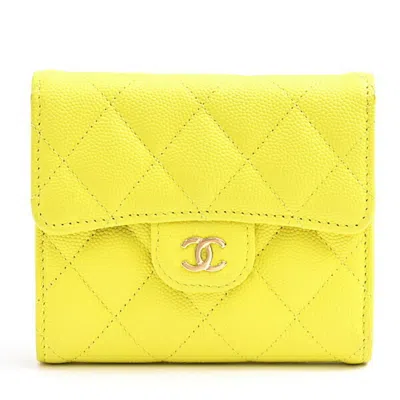 Pre-owned Chanel Matelasse Grained Calfskin Wallet (tri-fold) () In Yellow