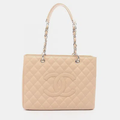 Pre-owned Chanel Matelasse Grand Shopping Gst Tote Bag In Beige Calfskin Leather In Sand