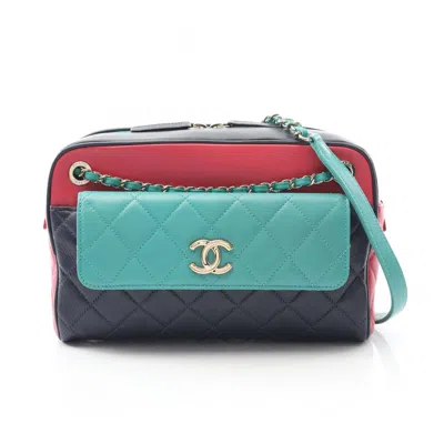 Pre-owned Chanel Matelasse Green Navy Pink Leather Shoulder Bag ()