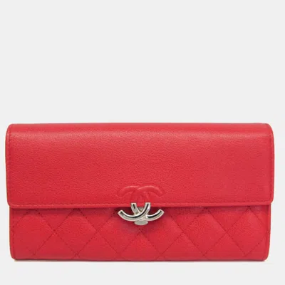 Pre-owned Chanel Matelasse Half Coco Red Grained Calfskin Flap Long Wallet