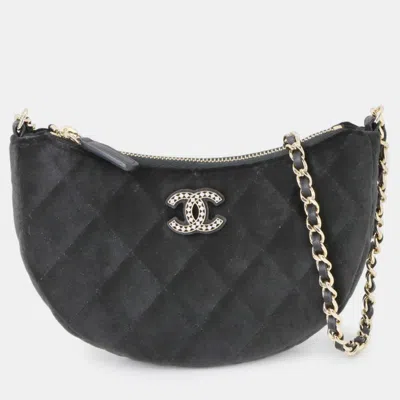Pre-owned Chanel Matelasse Half Moon Chain Shoulder Bag Velour Black Gold Metal Fittings Coco Mark