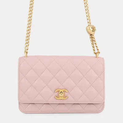 Pre-owned Chanel Matelasse Heart Chain Cc Logo Chain Wallet Pink Caviar Leather