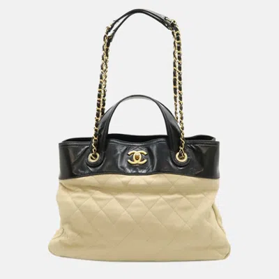 Pre-owned Chanel Matelasse In The Mix Chain Shoulder Tote Bag Handbag Leather Beige Black In Sand