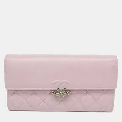 Pre-owned Chanel Matelasse L Gusset Flap Wallet Leather Long Bill Wallet Bi-fold Pink