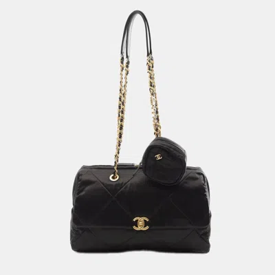 Pre-owned Chanel Matelasse Large Bowling Chain Shoulder Bag Nylon Black Ghw