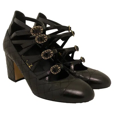 Pre-owned Chanel Matelasse Leather Block Heels Size 36.5 In Black