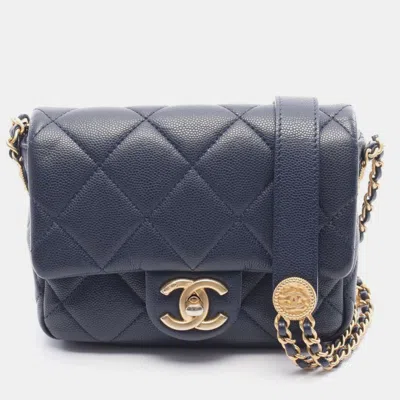 Pre-owned Chanel Matelasse Mini Chian Crossbody Shoulder Bag Calfskin Navy In Blue