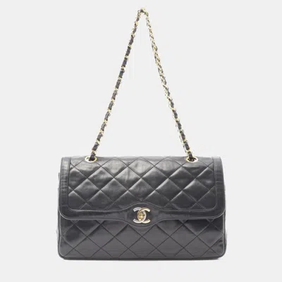 Pre-owned Chanel Matelasse Paris Black Lambskin Leather Limited Edition Double Flap Shoulder Bag
