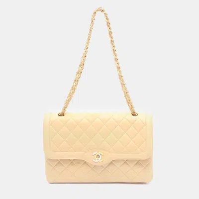 Pre-owned Chanel Matelasse Paris Limited Double Flap Chain Shoulder Bag Lambskin Beige In Sand