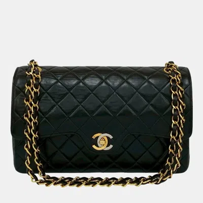 Pre-owned Chanel Matelasse Paris Limited Edition Coco Double Flap Lambskin Leather Chain Shoulder Bag In Black