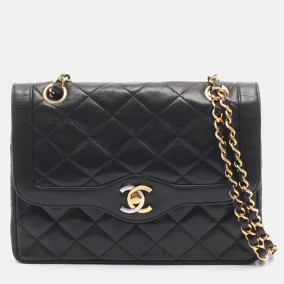 Pre-owned Chanel Matelasse Paris Limited Edition Double Flap Shoulder Bag In Lambskin Leather Black