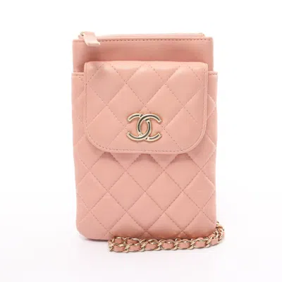 Pre-owned Chanel Matelasse Phone Case Chain Shoulder Bag Lambskin Light Gold Hardware In Pink