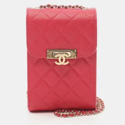 Pre-owned Chanel Matelasse Phone Shoulder Bag Leather Grained Calfskin Red
