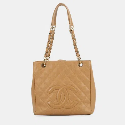 Pre-owned Chanel Matelasse Pst Chain Tote Beigea50994 Caviar Leather In Sand