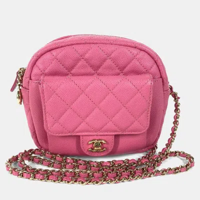 Pre-owned Chanel Matelasse Quilted Coco Mark Pink Caviar Skin Pochette Chain Shoulder Bag