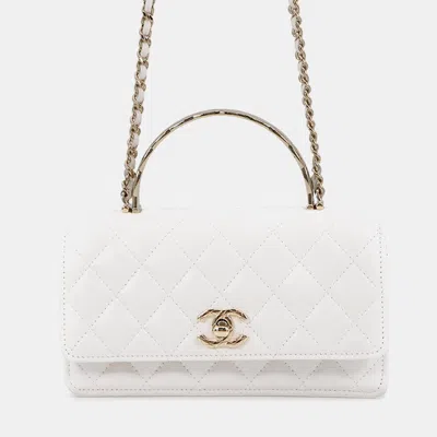 Pre-owned Chanel Matelasse Rigid Metal Top Handle White Caviar Leather Wallet On Chain Bag