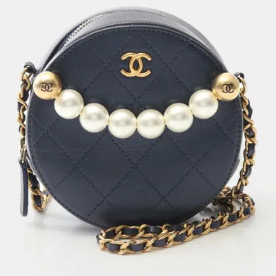 Pre-owned Chanel Matelasse Round Mini Shoulder Bag Lambskin Leather Navy Blue