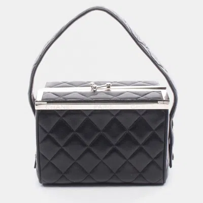Pre-owned Chanel Matelasse Small Black Lambskin Leather Metal Frame Top Handle Bag