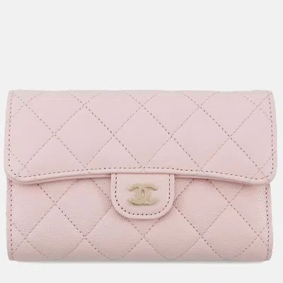 Pre-owned Chanel Matelasse Small Zip Wallet Pink Caviar Leather