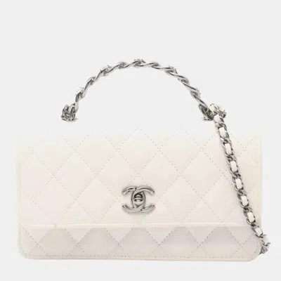 Pre-owned Chanel Matelasse Top Handle Phone Case Shoulder Bag In Lambskin Leather White