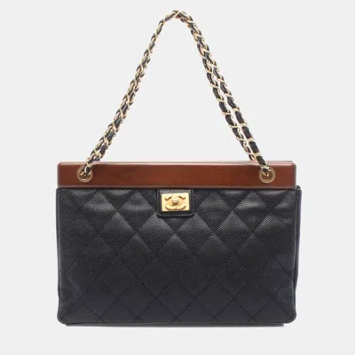 Pre-owned Chanel Matelasse Tote Black Caviar Leather Wood Top Handle Bag