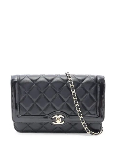 Pre-owned Chanel Matelassé Turn-lock Chain Wallet In Black