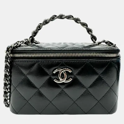 Pre-owned Chanel Matelasse Vanity Chain Shoulder Coco Mark Handle Rhinestone Bag Black Calfskin