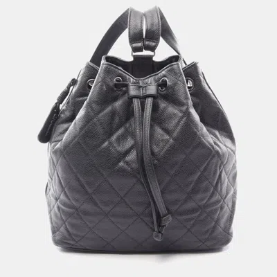 Pre-owned Chanel Matelasse Vintage Black Grained Calfskin Leather Drawstring Backpack Bag