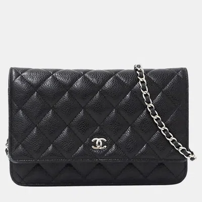 Pre-owned Chanel Matelasse Wallet With Chain Caviar Skin Black Chain Bag