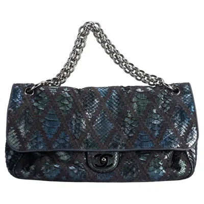 Pre-owned Chanel Maxi Navy Black Python Bag In Blue