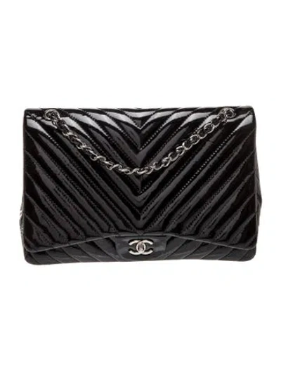 Pre-owned Chanel Maxi Patent Chevron Classic Flap Bag In Black